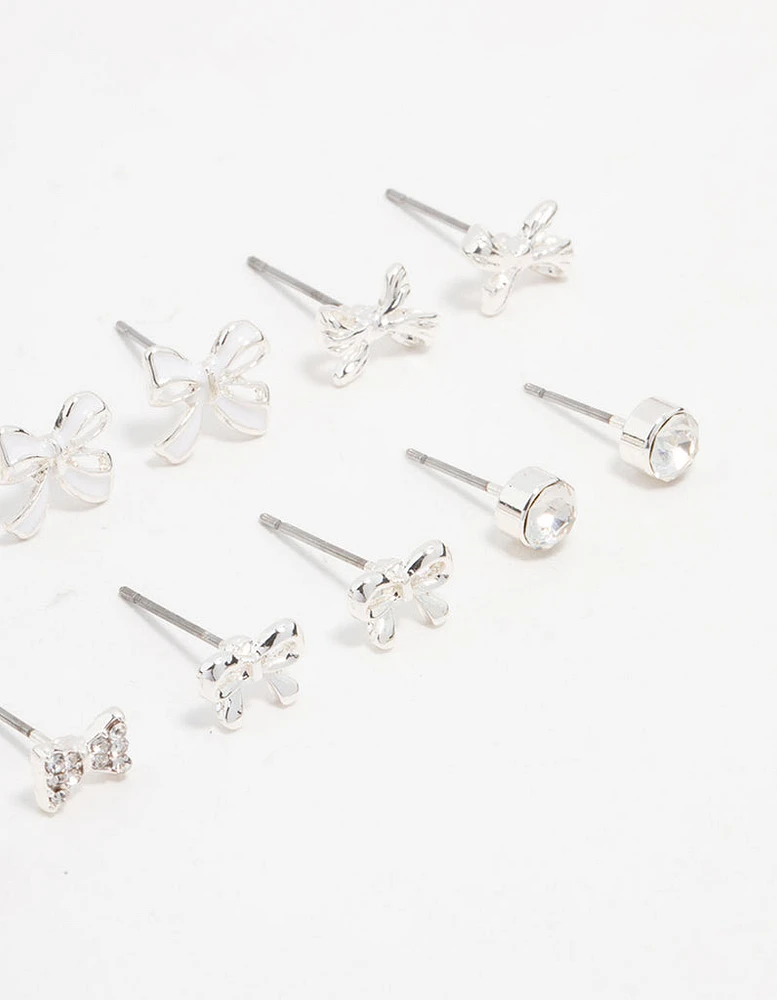 Silver Diamante & Bow Stud Earrings 8-Pack