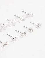 Silver Diamante & Bow Stud Earrings 8-Pack