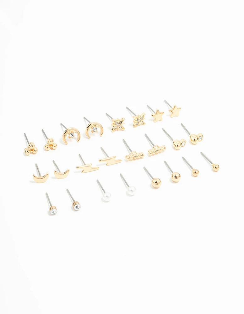 Gold Moon & Star Stud Earrings 12-Pack