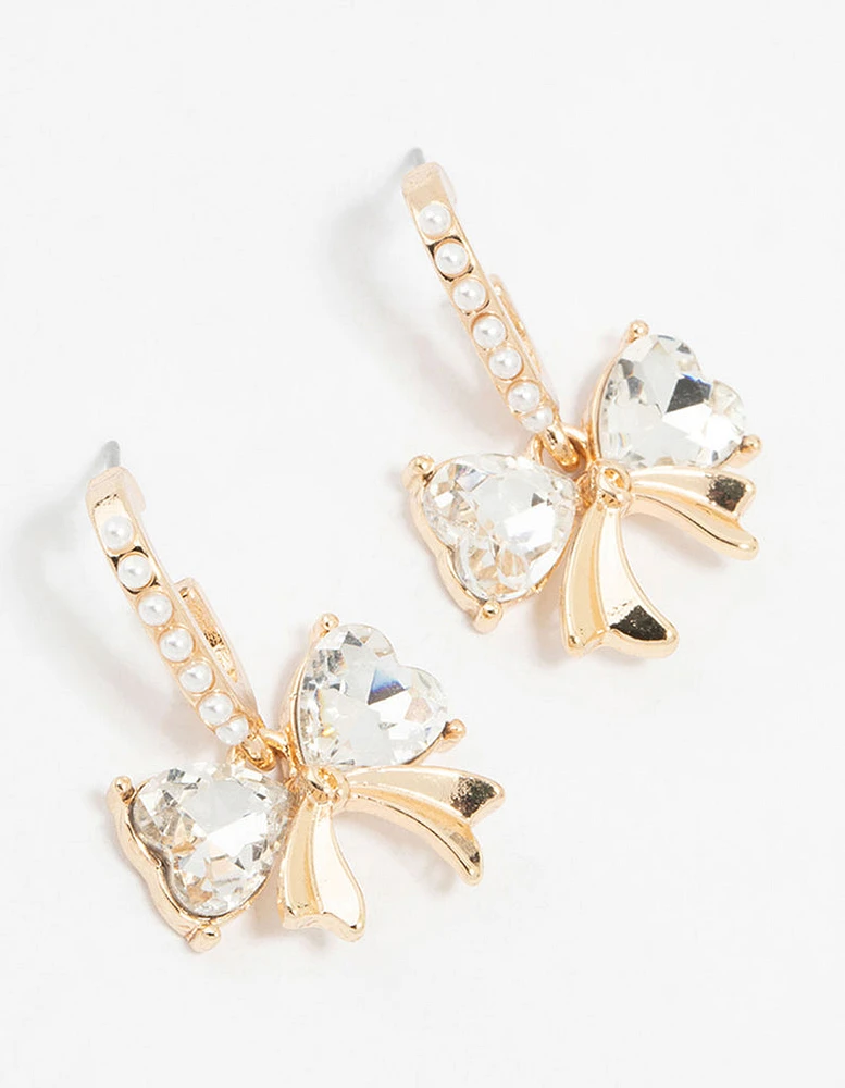 Gold Pearl Diamante Bow Hoop Earrings