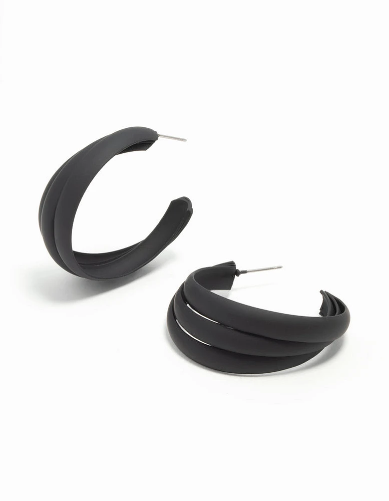 Black Coated Metal Ridge Hoop Earrings