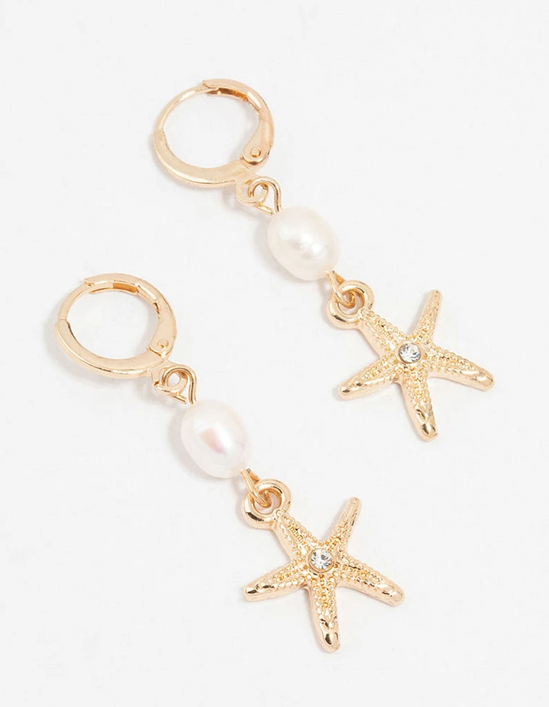 Gold Pearl Starfish Huggie Drop Earrings