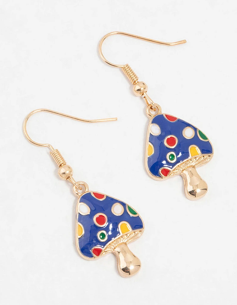 Gold Blue Enamel Mushroom Drop Earrings