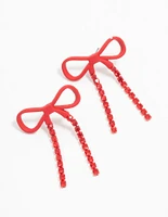 Red Coated Metal Bow Diamante Drop Earrings