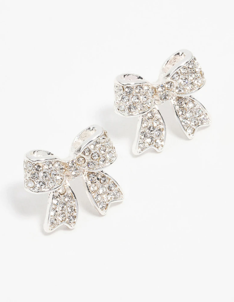 Silver Pavé Diamante Bow Stud Earrings