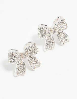 Silver Pavé Diamante Bow Stud Earrings