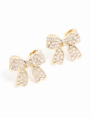 Gold Pave Set Diamante Bow Stud Earrings