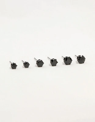 Silver Graduating Black Diamante Stud Earrings 3-Pack