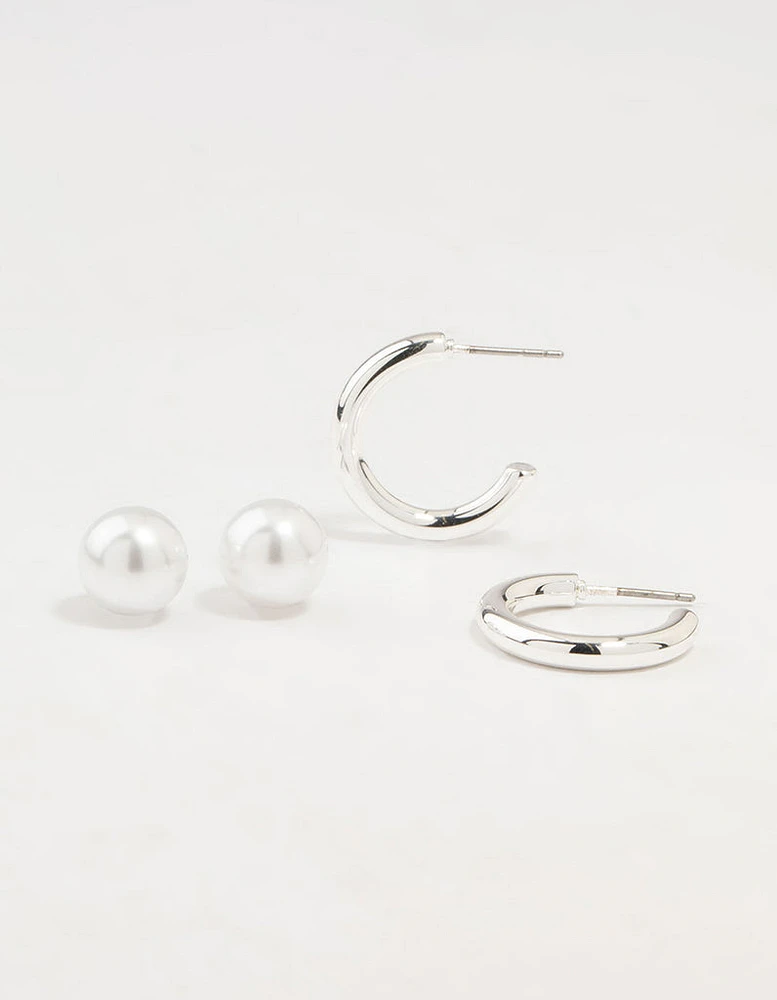 Silver Pearl Stud & Hoop Earrings 2-Pack