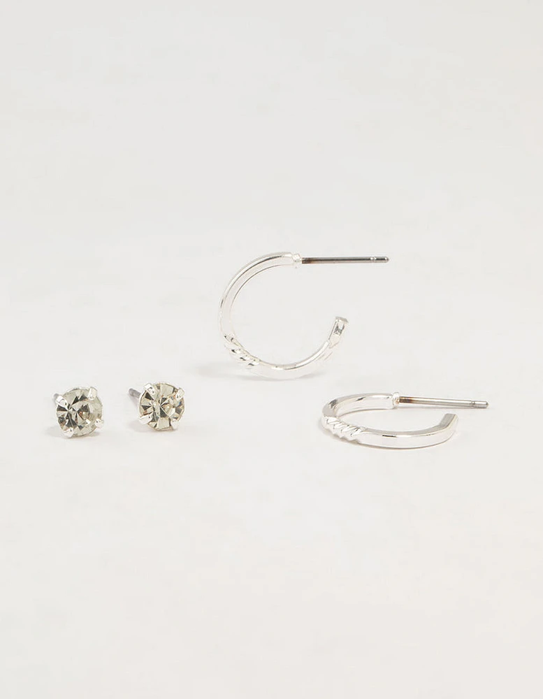 Silver Diamante Studs & Plain Hoop Earrings 2-Pack