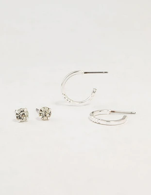 Silver Diamante Studs & Plain Hoop Earrings 2-Pack