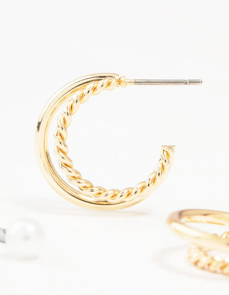 Gold Pearl Studs & Twisted Hoop Earrings 2-Pack