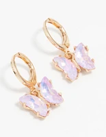 Gold Purple Diamante Butterfly Huggie Earrings