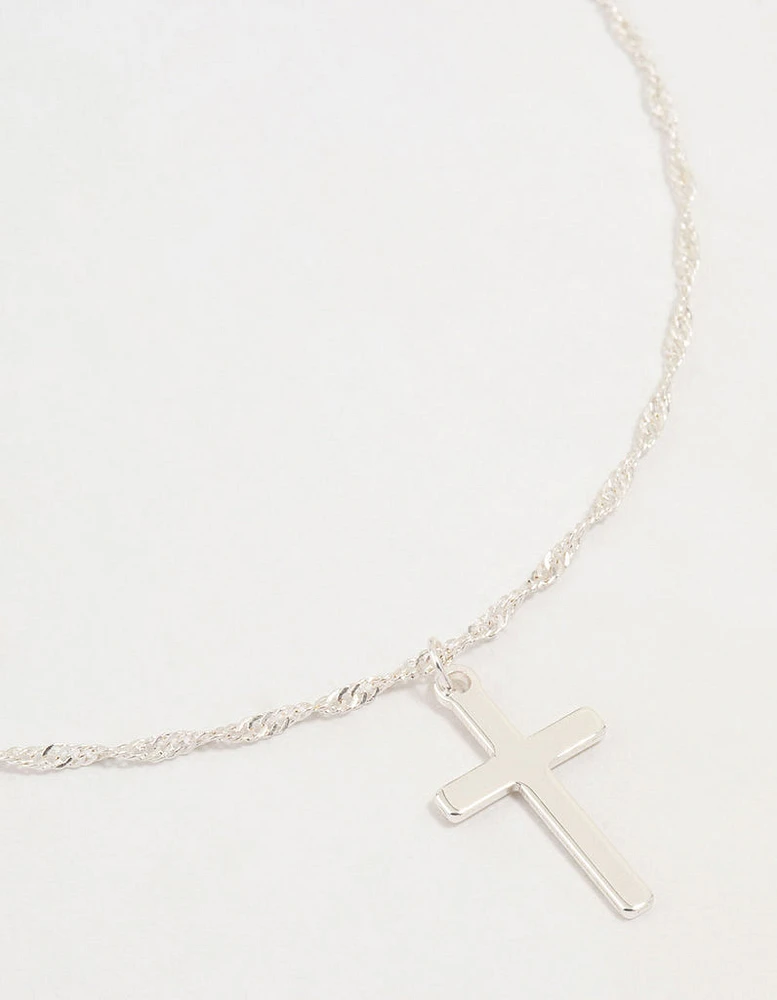 Silver Cross Twisted Chain Pendant Necklace