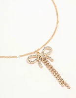 Gold Diamante Bow Drop Necklace