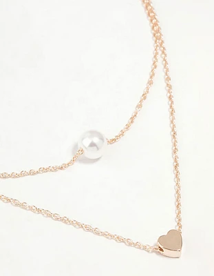 Rose Gold Pearl Heart Layered Necklace