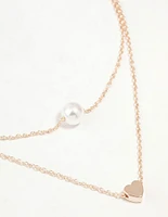 Rose Gold Pearl Heart Layered Necklace