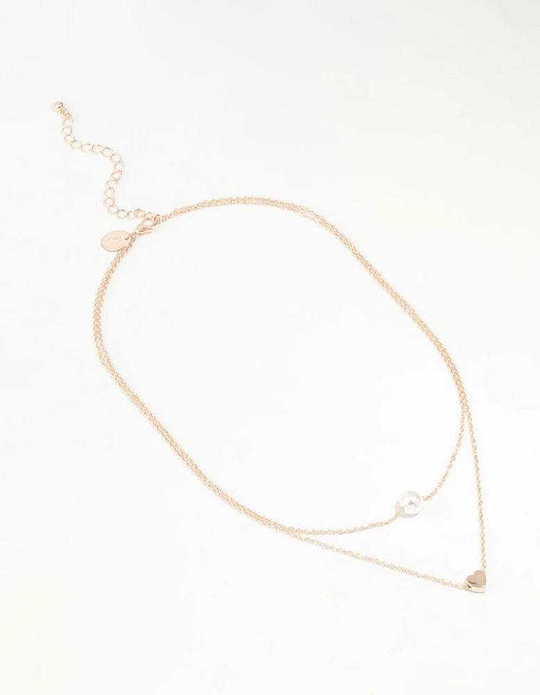 Rose Gold Pearl Heart Layered Necklace