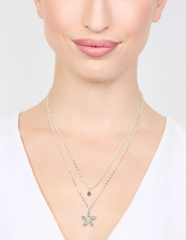 Silver Diamante Flower Layered Necklace