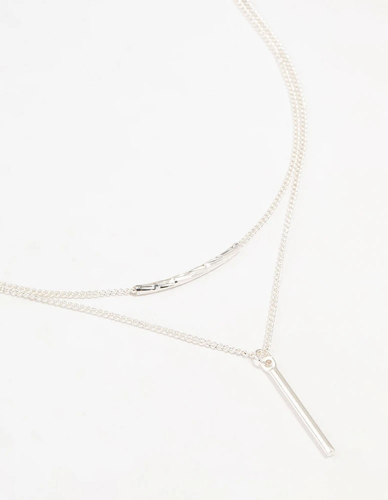 Silver Double Chain Bar Layered Necklace