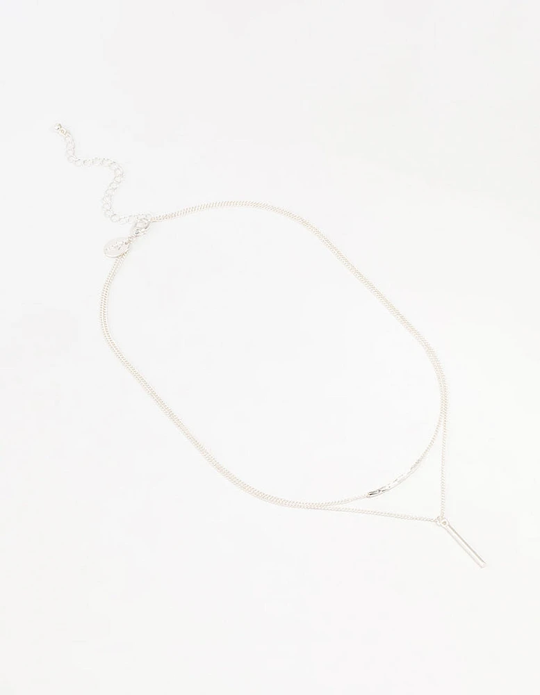Silver Double Chain Bar Layered Necklace
