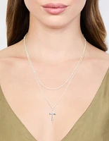 Silver Ball Chain Cross Layered Necklace