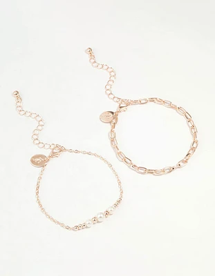 Rose Gold Chain Link & Pearl 2-Pack Bracelet