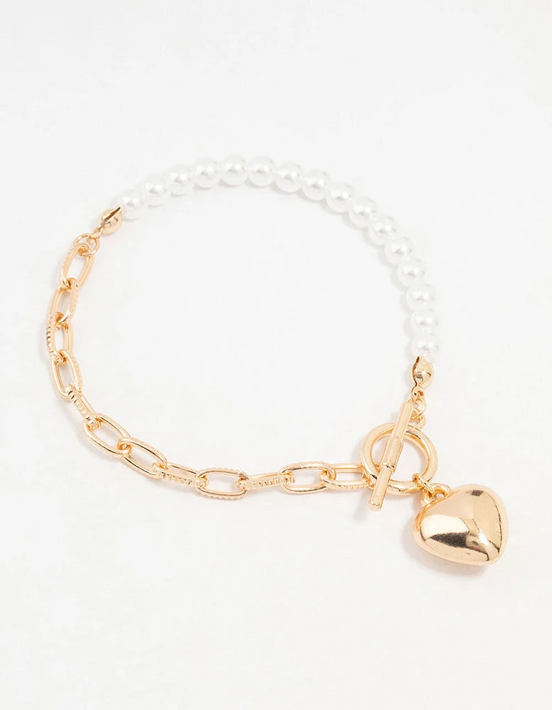 Gold Pearl Heart Charm T&O Bracelet