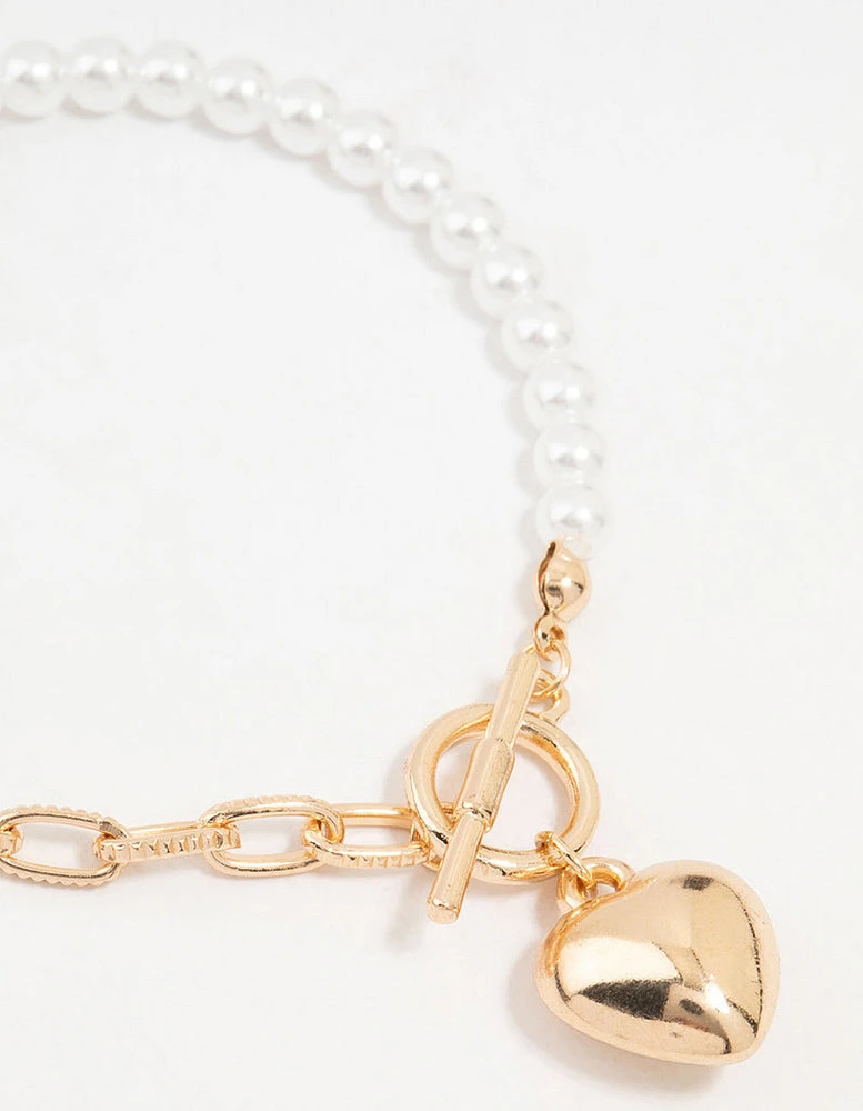 Gold Pearl Heart Charm T&O Bracelet