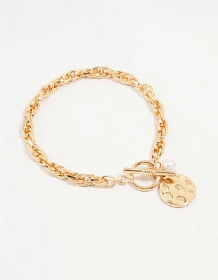 Gold Pearl & Disc Pendant Chain Bracelet