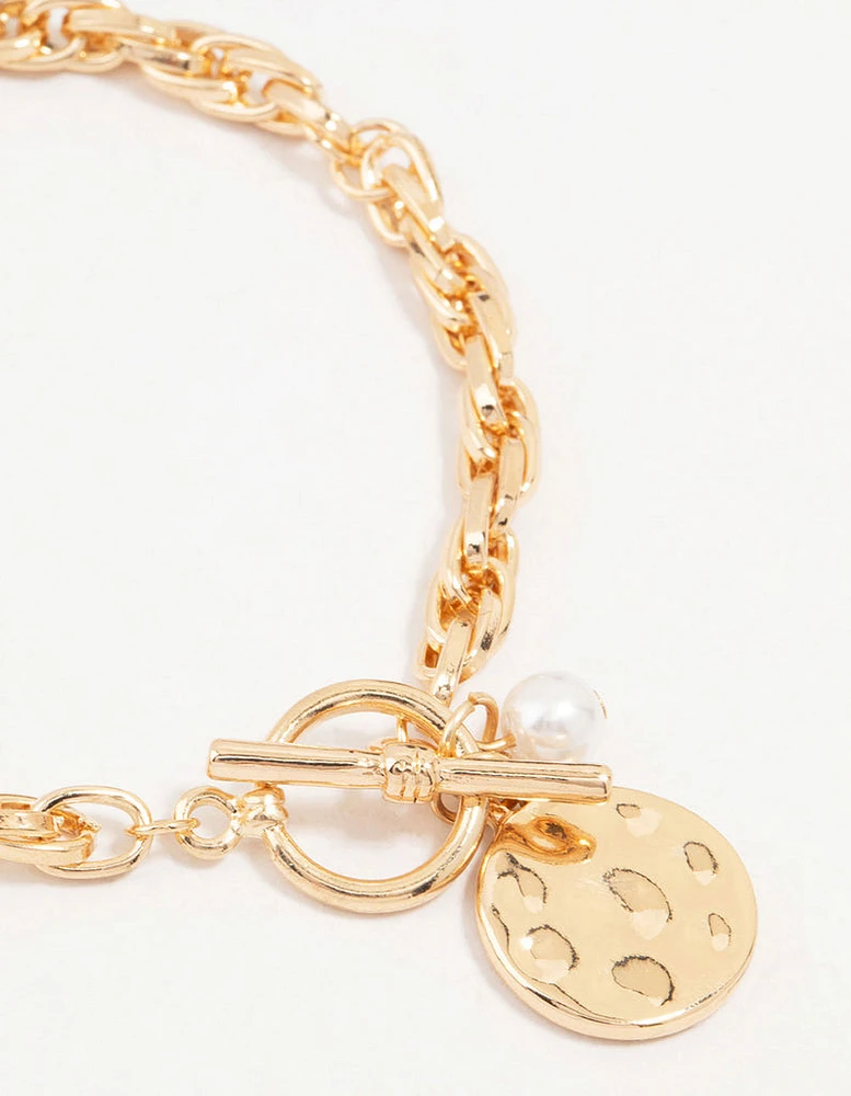 Gold Pearl & Disc Pendant Chain Bracelet