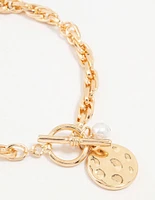 Gold Pearl & Disc Pendant Chain Bracelet