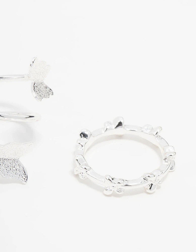 Silver Butterfly & Smooth Stacking Rings 3-Pack