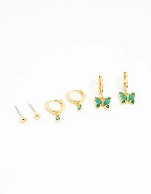 Gold Plated Green Cubic Zirconia Butterfly Earrings 3-Pack