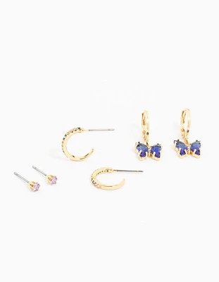 Gold Plated Blue Cubic Zirconia Butterfly Earrings 3-Pack