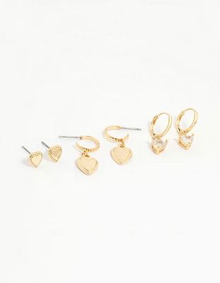 Gold Plated Cubic Zirconia Heart Earrings 3-Pack