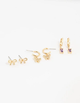 Gold Plated Cubic Zirconia Butterfly & Bow Earrings 3-Pack