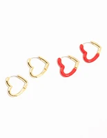 Gold Plated Enamel & Sleek Heart Hoop Earrings 2-Pack