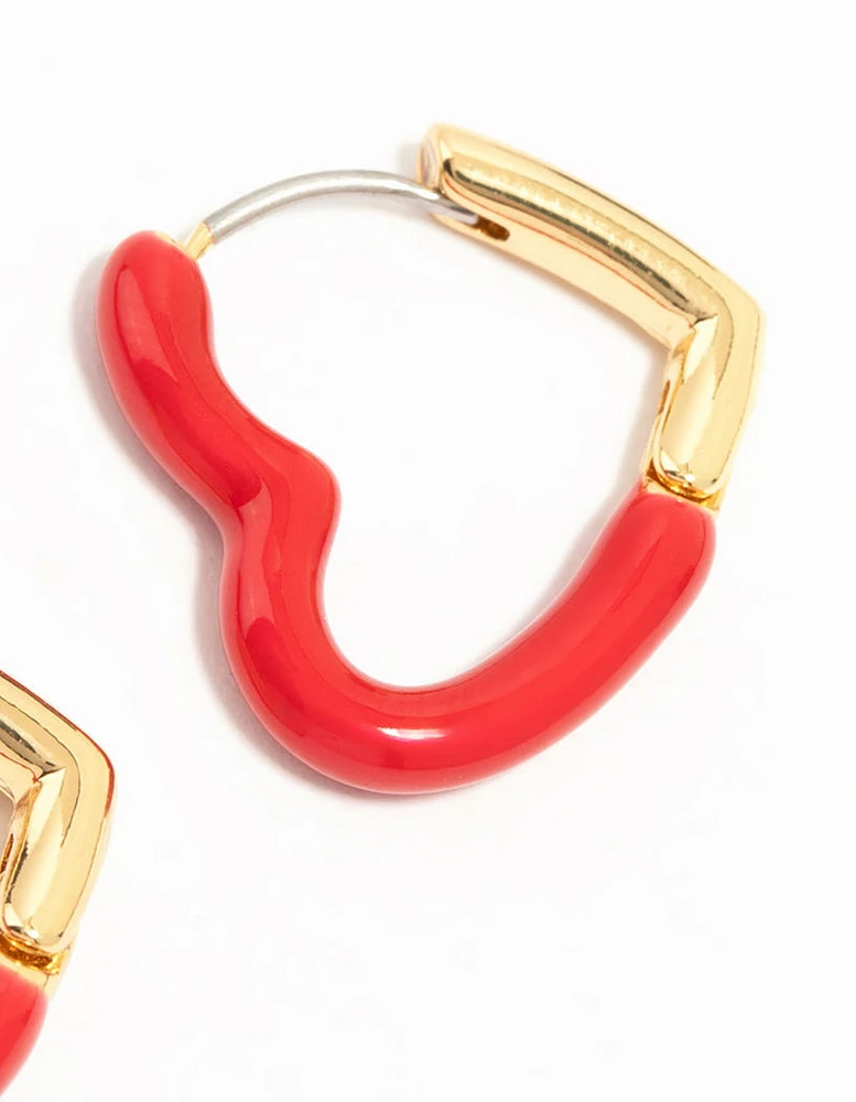 Gold Plated Enamel & Sleek Heart Hoop Earrings 2-Pack