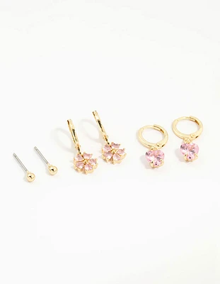 Gold Plated Pink Cubic Zirconia Flower & Heart Earrings 3-Pack