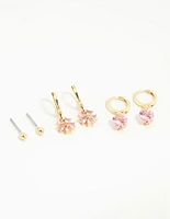 Gold Plated Pink Cubic Zirconia Flower & Heart Earrings 3-Pack