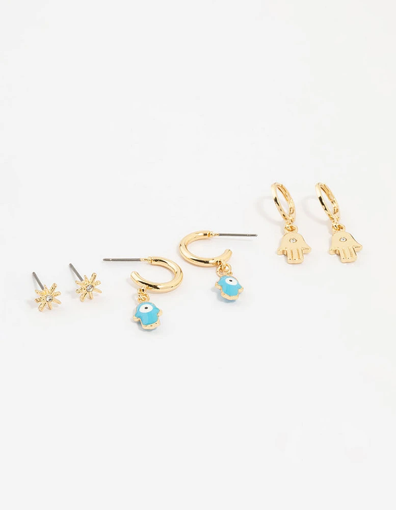 Gold Plated Hamsa Hand & Evil Eye Earrings 3-Pack