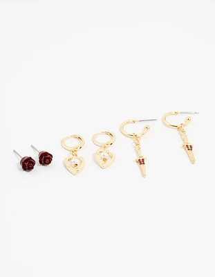 Gold Plated Sword & Burgundy Rose Earrings 3-Pack