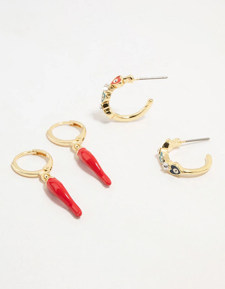 Gold Plated Evil Eye & Chilli Hoop Earrings 2-Pack