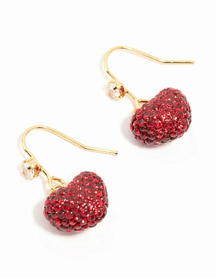 Gold Plated Red Diamante Puffy Heart Drop Earrings