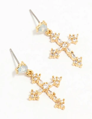 Gold Plated Cubic Zirconia Cross Drop Earrings