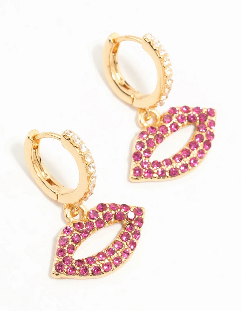 Gold Plated Pink Diamante Lips Huggie Earrings