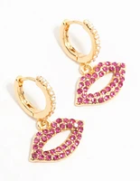 Gold Plated Pink Diamante Lips Huggie Earrings