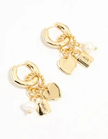 Gold Plated Heart & Lock Drop Huggie Earrings