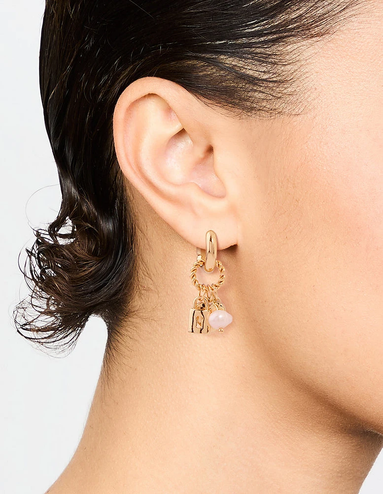 Gold Plated Heart & Lock Drop Huggie Earrings